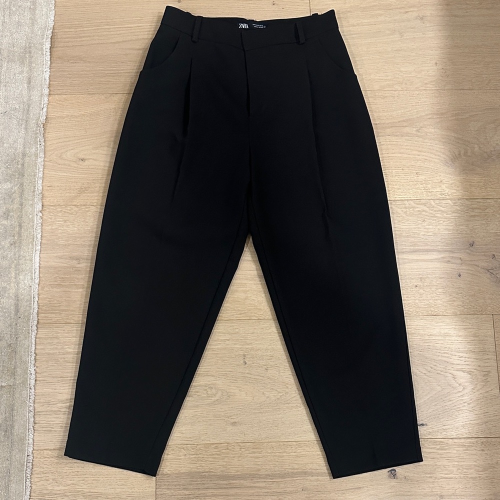 Zara Black High-Rise Pleated Tapered Trousers